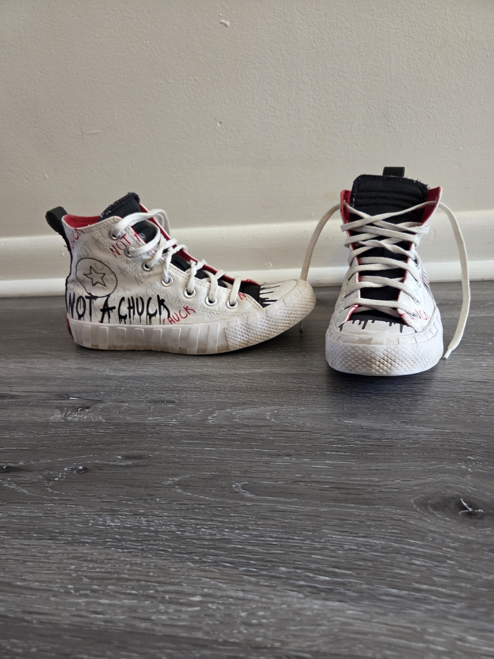 Womens High-Top Converse AllStar Sneakers in White with Black & Red Accents